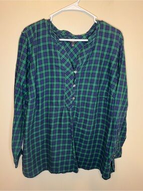 Talbots Womens Flannel Navy Green Plaid Long Sleeve Top 1/4 Button Size 2X EUC
